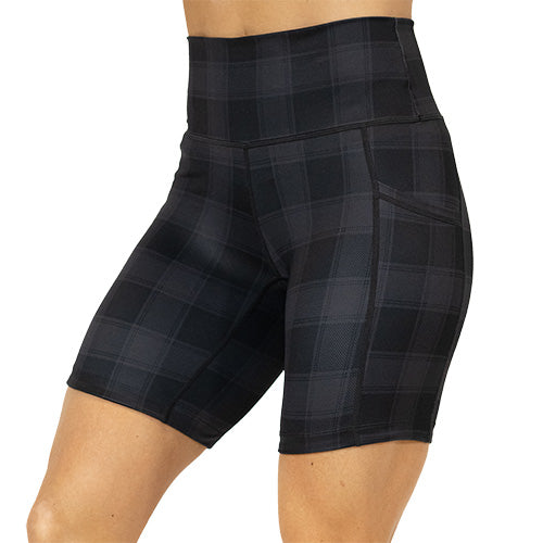 front view of 7 inch black plaid shorts