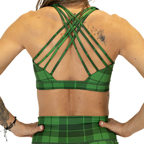back view of butterfly back green plaid bra
