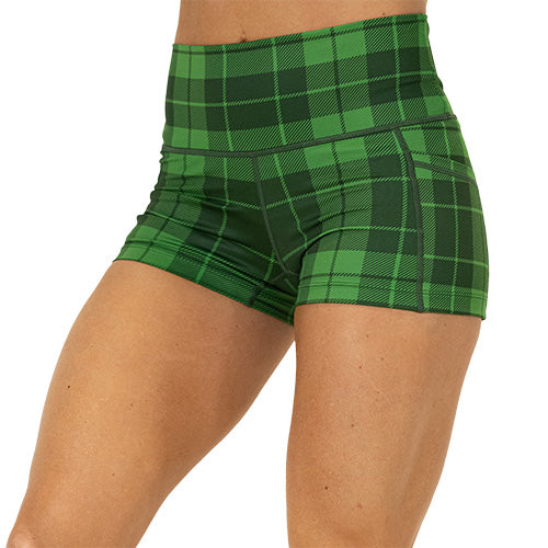 front view of 2.5 inch green plaid shorts 