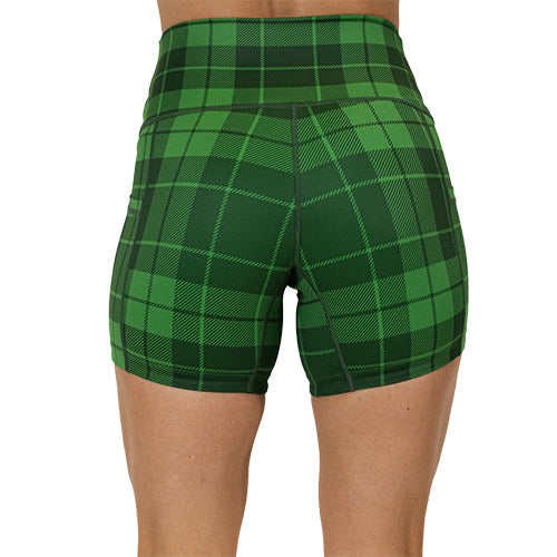 back view of 5 inch green plaid shorts