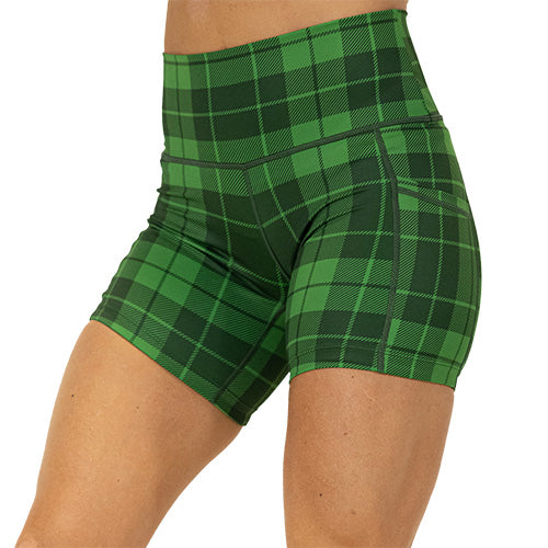 front view of 5 inch green plaid shorts