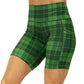 front view of 7 inch green plaid shorts