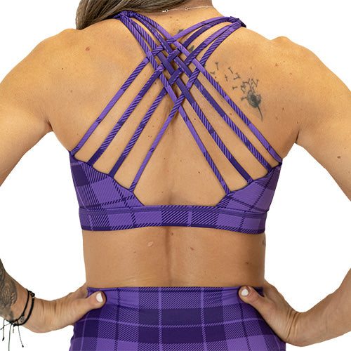 back view of butterfly back purple plaid bra
