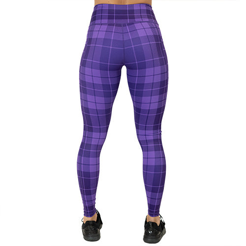 back view of purple plaid full length leggings