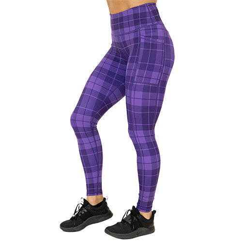 side view of purple plaid full length leggings