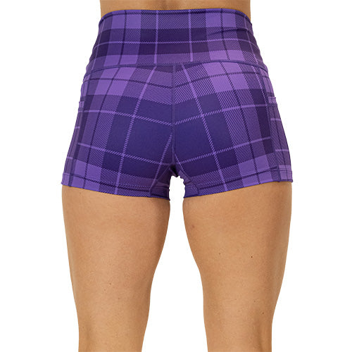 back view of 2.5 inch purple plaid shorts 