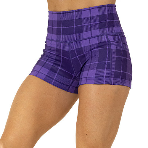front view of 2.5 inch purple plaid shorts 