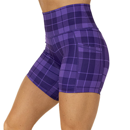 side view of 5 inch purple plaid shorts 