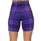 back view of 7 inch purple plaid shorts 
