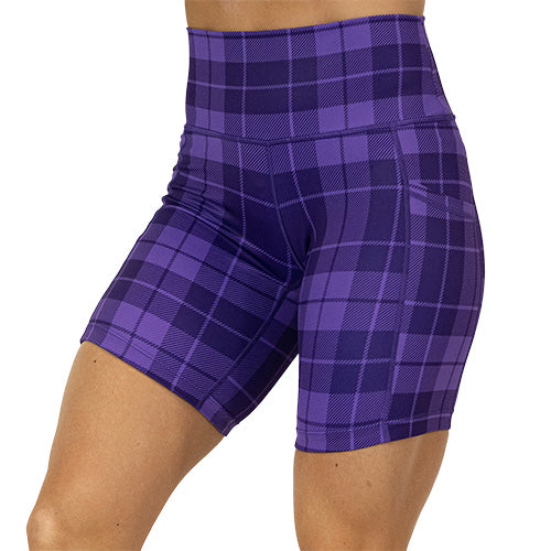 front view of 7 inch purple plaid shorts 