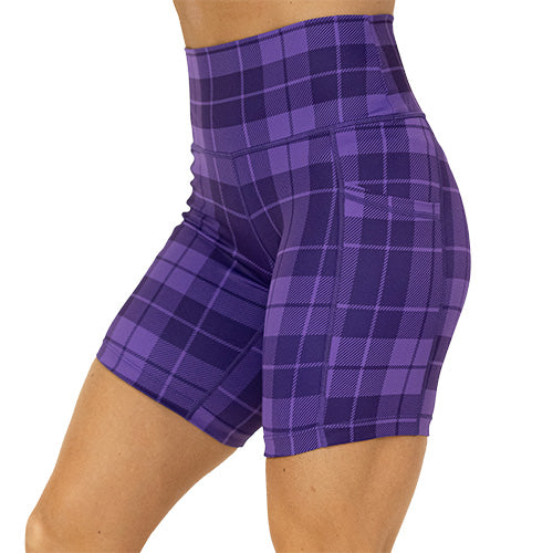side view of 7 inch purple plaid shorts 