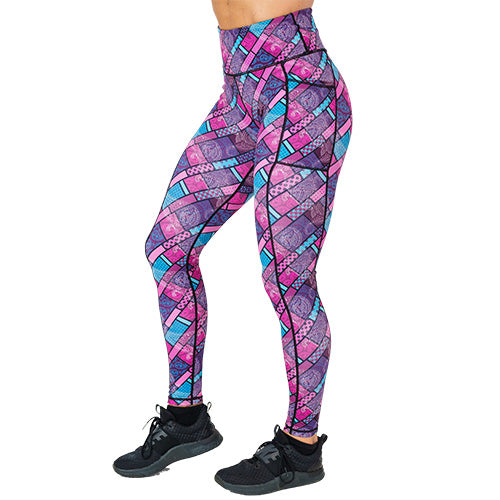 purple, pink and blue paisley pattern leggings