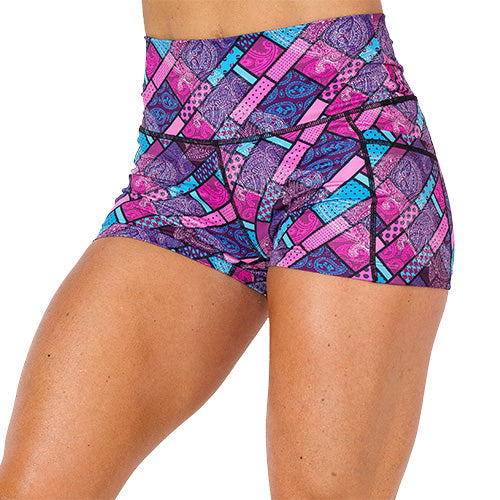 front view of pink, blue and purple paisley 2.5 inch shorts