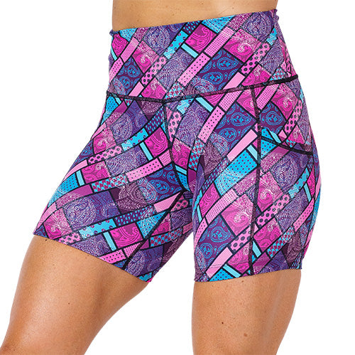 front view of pink, blue and purple paisley 5 inch shorts