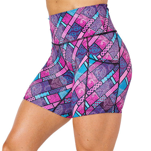 side view of pink, blue and purple paisley 5 inch shorts
