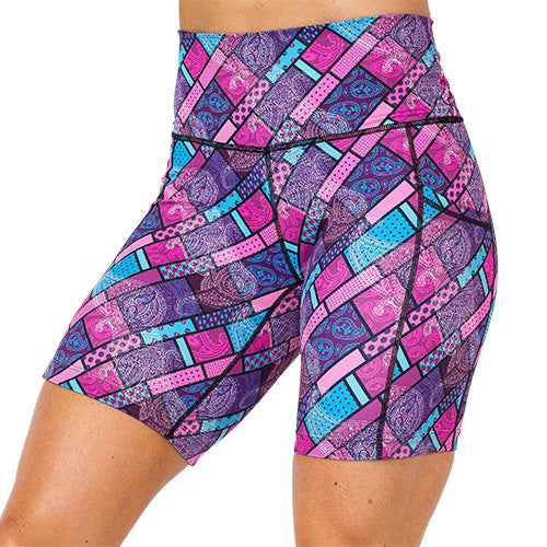 front view of pink, blue and purple paisley 7 inch shorts