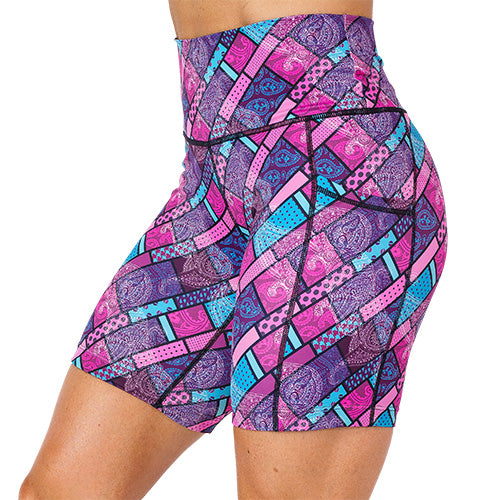 side view of back view of pink, blue and purple paisley 7 inch shorts