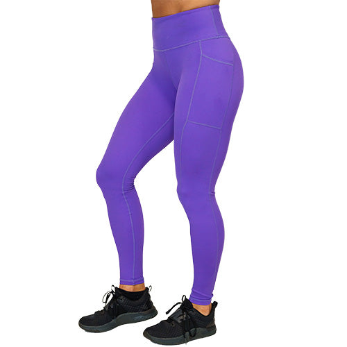 front view of full length solid purple leggings