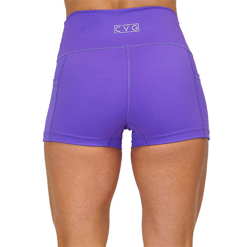 back view of 2.5 inch solid purple colored shorts 