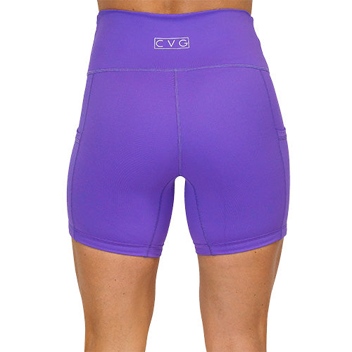 back view of 5 inch solid purple colored shorts 
