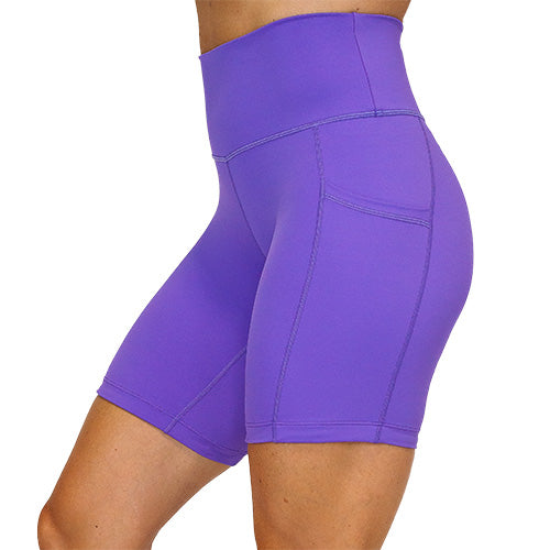 side view of 7 inch solid purple colored shorts 