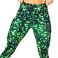 close up of lime green and black dot print on leggings