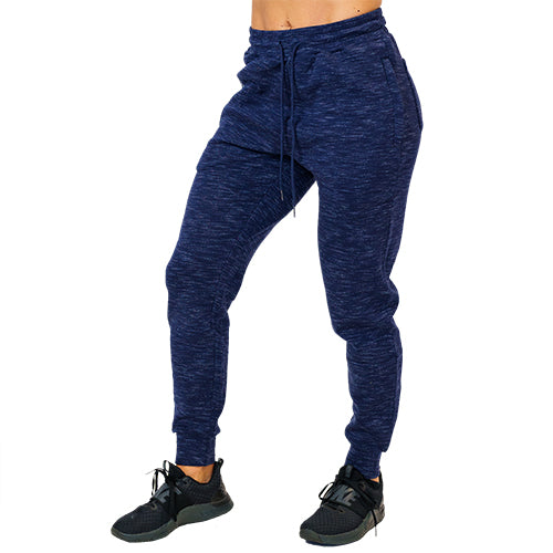 Blue jogger pants with a drawstring on a white background