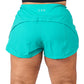 back view of teal green colored polyester shorts