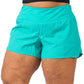 close up of teal green colored polyester shorts