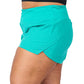 side view of teal green colored polyester shorts
