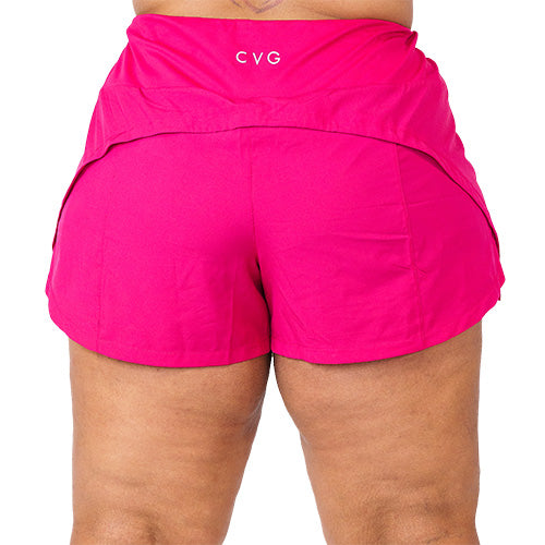 back view of hot pink colored polyester shorts