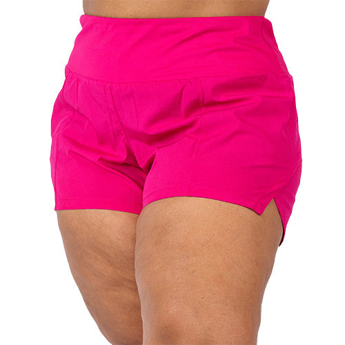 close up of hot pink colored polyester shorts