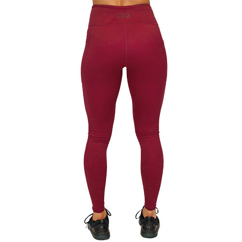back view of full length solid maroon leggings 