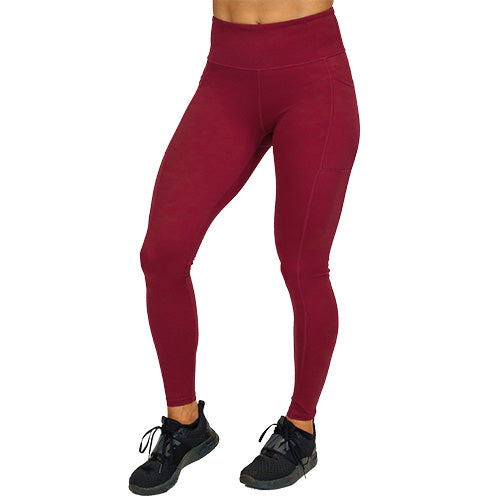 front view of full length solid maroon leggings 