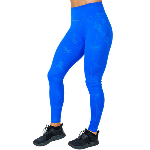 front view of full length blue leggings with blue unicorn pattern on it
