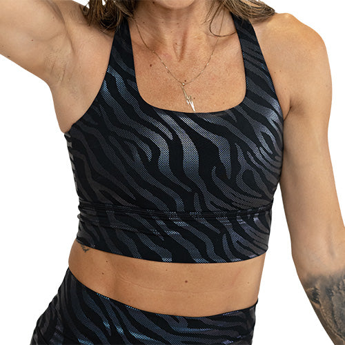 black zebra print sports bra