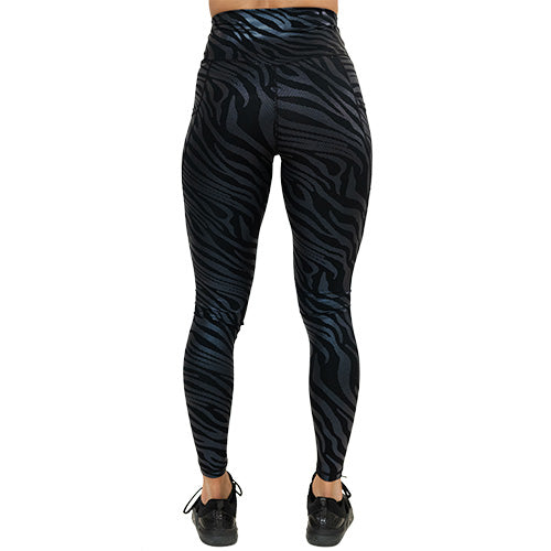 back view of full length black zebra print leggings