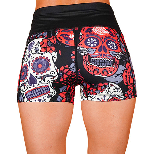 back view of 2.5 inch red and purple skull and rose patterned shorts