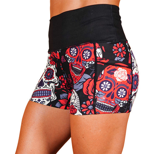 side view of 2.5 inch red and purple skull and rose patterned shorts