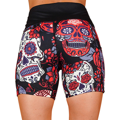 back view of 5 inch red and purple skull and rose patterned shorts