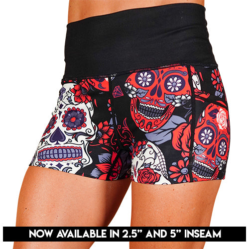 red and purple skull and rose patterned shorts available in 2.5 & 5 inch inseam