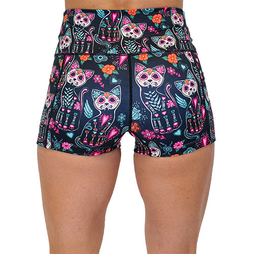 back view of kitty skeleton design on 2.5 inch shorts