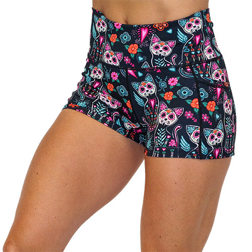 front view of kitty skeleton design on 2.5 inch shorts 