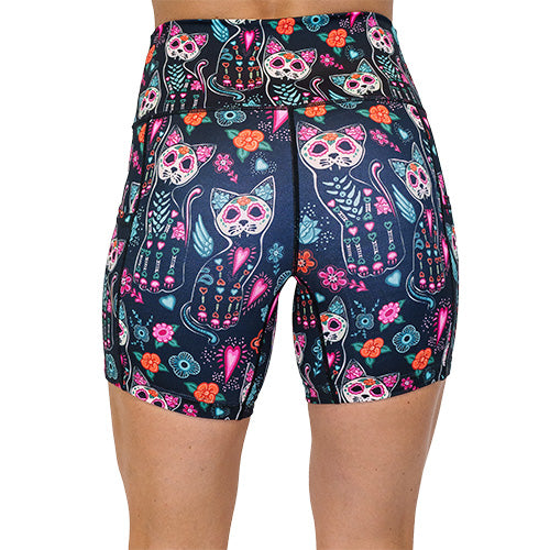 back view of kitty skeleton design on 5 inch shorts