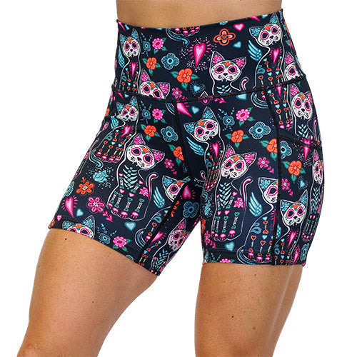 front view of kitty skeleton design on 5 inch shorts