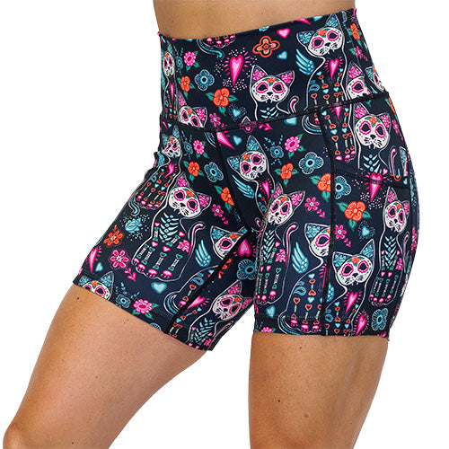 side pocket view of kitty skeleton design on 5 inch shorts 