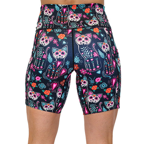 back view of kitty skeleton design on 7 inch shorts 