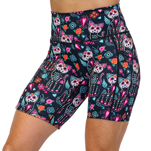 front view of kitty skeleton design on 7 inch shorts 
