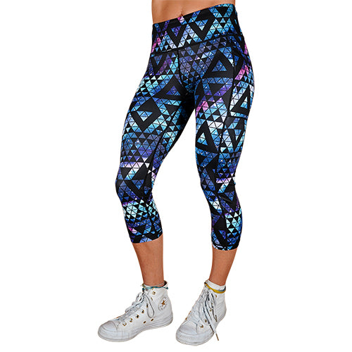 front view of capri length galaxy geometric print leggings