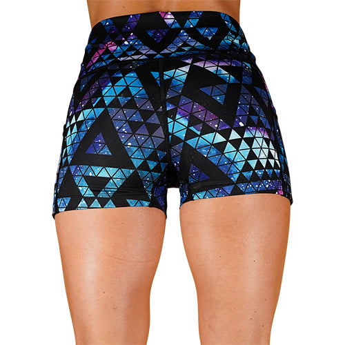 back view of 2.5 inch geometric galaxy patterned shorts